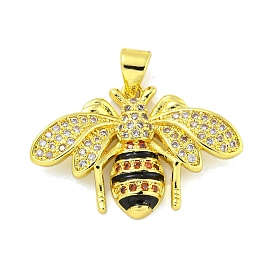 Brass Micro Pave Clear Cubic Zirconia Pendants, with Enamel, Bee