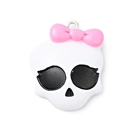 Skull with Bowknot Resin Pendants, with Iron Loops, for Halloween