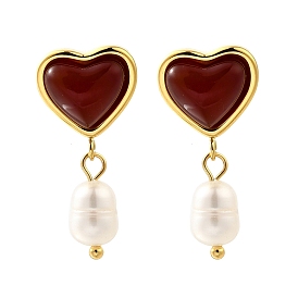 Сердце 304 серьги-гвоздики из нержавеющей стали с красным агатом, с натуральной жемчужиной