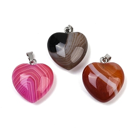 Dyed Natural Banded Agate Pendants, Heart Charms with 201 Stainless Steel Bails, Stainless Steel Color
