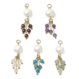 Подвески из натуральных смешанных камней и культивированного пресноводного жемчуга, Граненые круглые подвески-кисточки из картофельных бусин с петлями из нержавеющей стали, золотые