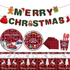 Merry Christmas Paper Disposable Tableware Kit for 24 Guests, Including Plates, Cups, Napkin, Tablecloth, Forks, Knives, Spoons, Drinking Straw, Banner for Party Supplies