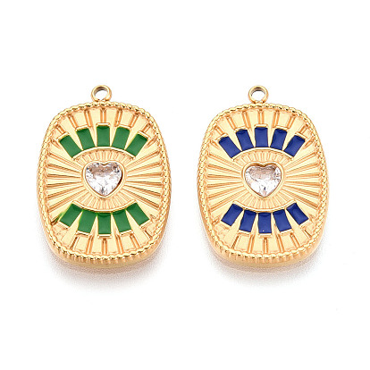 304 подвески из нержавеющей стали с хрустальными стразами и эмалью, Прямоугольник с сердцем, ионное покрытие (ip), реальный 18 k позолоченный