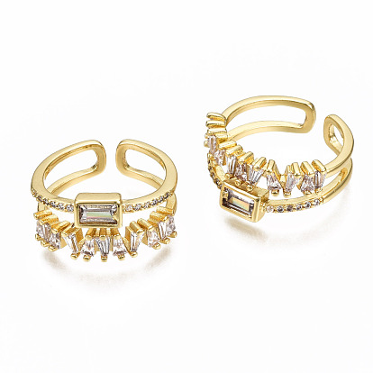 Brass Micro Pave Clear Cubic Zirconia Cuff Rings, Open Rings, Nickel Free, Rectangle