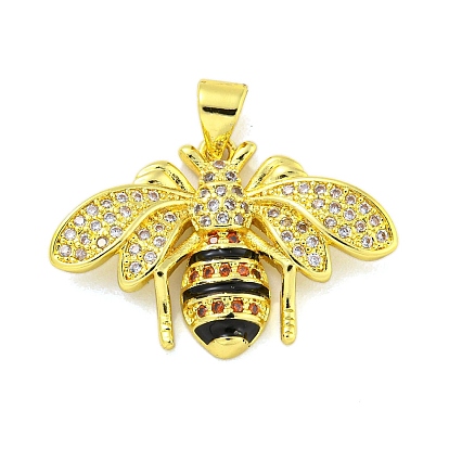 Brass Micro Pave Clear Cubic Zirconia Pendants, with Enamel, Cadmium Free & Nickel Free & Lead Free, Bee
