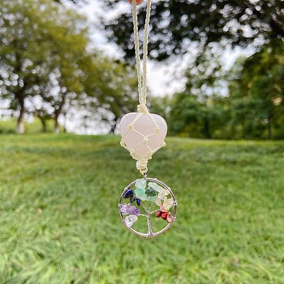 Cordón de cuarzo rosa corazón colgante trenzado decoraciones, con anillos de piedras preciosas, adornos colgantes de coche