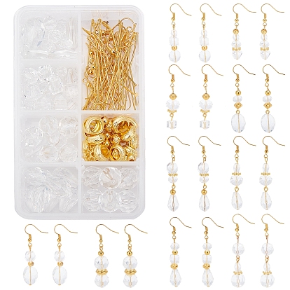 152Pcs Transparent Glass Beads, Teardrop & Geometry Glass Beads and Plastic Spacer Beads, Brass Earring Hooks & Pins, for DIY Glass Dangle Earrings Making Kits