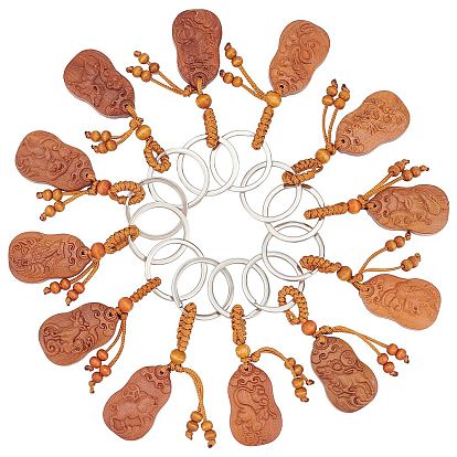 12Pcs 12 Style Keychain, with Peach Wood Pendant and Platinum Plated Iron Split Key Rings, Zodiac