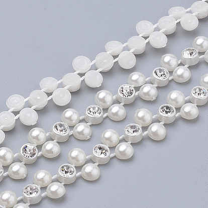 Flower ABS Plastic Imitation Pearl Beaded Trim Garland Strands, with Spool, Glass Rhinestones, for Wedding