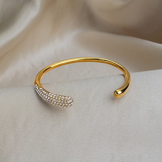 Bracelet jonc ouvert de luxe en acier inoxydable serti de micro-pavés de zirconiums cubiques transparents pour femme