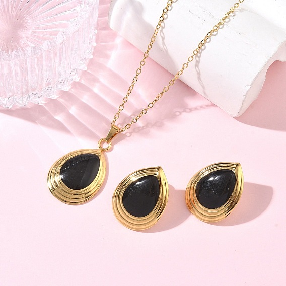 304 Stainless Steel Enamel Teardrop Stud Earrings & Pendant Necklaces Sets for Women, Golden