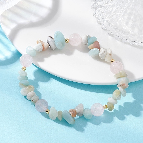 Круглые браслеты из натурального розового кварца, цветочных амазонитовых крошек и латунных бусин для женщин., реальный 18 k позолоченный
