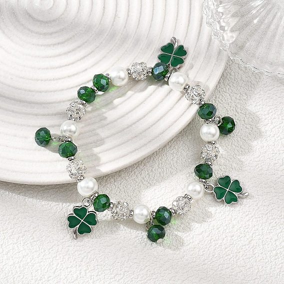 Сплав эмали шарм браслеты, эластичные браслеты из стеклянных бусин для женщин, клевер
