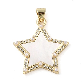 Brass Micro Pave Clear Cubic Zirconia Pendants, with ABS Imitation Pearl, Star