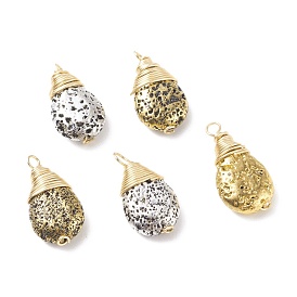 Electroplated Natural Lava Rock Pendants, with Real 18K Gold Plated Copper Wire Wrapped,Teardrop