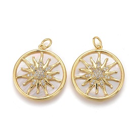 Brass Micro Pave Clear Cubic Zirconia Shell Pendants, with Jump Rings, Long-Lasting Plated, Flat Round with Sun