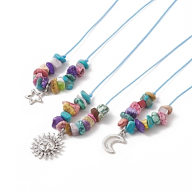 3Pcs 3 Style Sun & Moon & Star Synthetic Turquoise Chips Beaded Pendant Necklaces Set for Women
