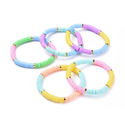 Bracelets élastiques, avec des perles heishi en pâte polymère faites main et des perles d'espacement en laiton