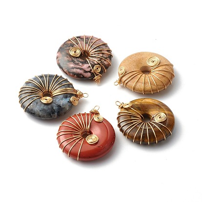 Natural Mixed Gemstone Pendants, with Real 18K Gold Plated Eco-Friendly Copper Findings, Disc