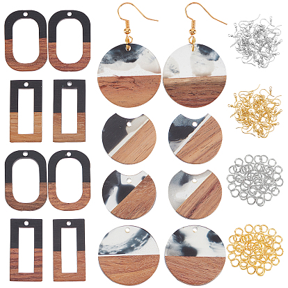 Kits de fabrication de boucles d'oreilles pendantes en bois de bricolage, 16 pcs 4 styles géométrie résine & pendentifs en bois de noyer, crochets et anneaux de saut en laiton, formes mixtes