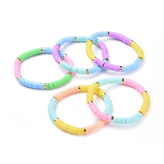 Stretch Bracelets, with Handmade Polymer Clay Heishi Beads and Brass Spacer Beads