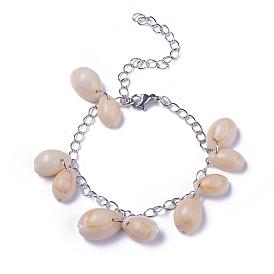 Cowrie Shell Beads Charm Bracelets, with 304 Stainless Steel and Iron Finding, Platinum