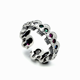 925 Sterling Silver Rhinestones Skull Open Cuff Rings for Unisex