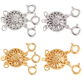 4Pcs 4 Styles Brass Box Clasps, with Spring Ring Clasps, Flat Round, 2-Strand, 4-Hole & 3-Strand, 6-Hole