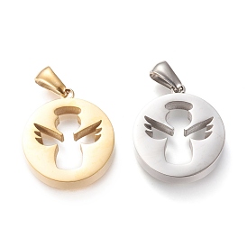 Ion Plating(IP) 304 Stainless Steel Pendants, Cut-Out, Hollow, Manual Polishing, Flat Round with Angel
