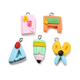 Opaque Resin Pendants, School Supplies Charms with Platinum Tone Iron Loops