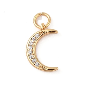 Brass Micro Pave Clear Cubic Zirconia Pendants, with Jump Ring, Moon Charm