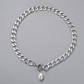 Punk Metal Cuban Chain Lock Collarbone Necklace with Minimalist Pearl Pendant and Clasp for Women