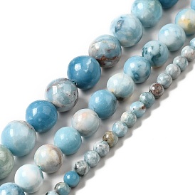 Brins de perles pierres fines naturelles , imitation de larimar, teint, ronde, bleu ciel