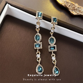 Retro Emerald Diamond Oval Square Water Drop 925 Silver Needle Earrings Fashion Temperament Senior Earrings Female