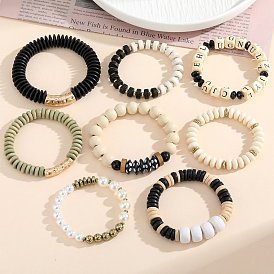 Chic Elastic Bracelet with Wooden Beads and Letter Charms - Trendy Personalized Jewelry