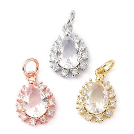 Brass Cubic Zirconia Charms, with Jump Ring, Long-Lasting Plated, Lead Free & Cadmium Free, Teardrop