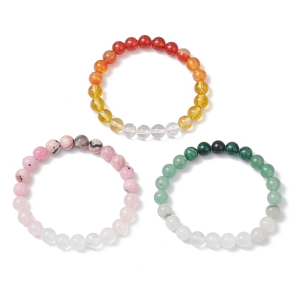 3шт. браслеты из натуральных смешанных драгоценных камней с круглыми бусинами для женщин и мужчин