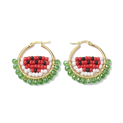 Copper Wire Wrapped Glass Seed Bead Watermelon Hoop Earring, 304 Stainless Steel Jewelry for Women