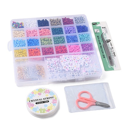 DIY Bracelets Making Kit, Including Cube & Heart Pattern & Acrylic & Glass Seed Beads, Alloy Clasps, Scissors, Tweezers, Elastic Thread