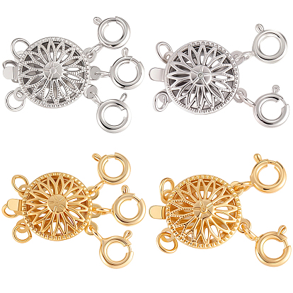 4Pcs 4 Styles Brass Box Clasps, with Spring Ring Clasps, Flat Round, 2-Strand, 4-Hole & 3-Strand, 6-Hole
