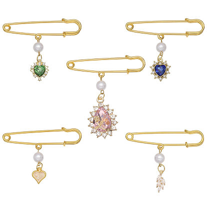 5шт. английские булавки в форме сердца и листа, с подвесками из искусственного жемчуга, акрила и латуни с микропаве из кубических цирконий