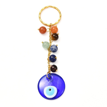 Natural Mixed Stone with Evil Eye Lampwork Keychain, with 304 Stainless Steel Split Key Rings, Flat Round
