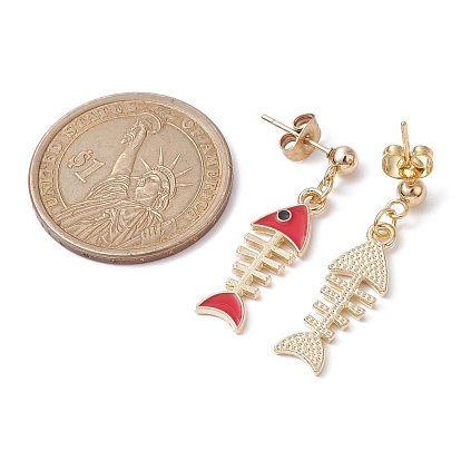 Fishbone Alloy Enamel Stud Earrings, Golden Tone 304 Stainless Steel Dangle Earring for Women