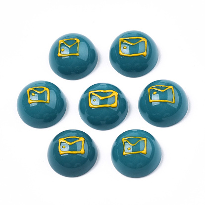 Opaque Resin Enamel Cabochons, Half Round with Gold Envelope Pattern