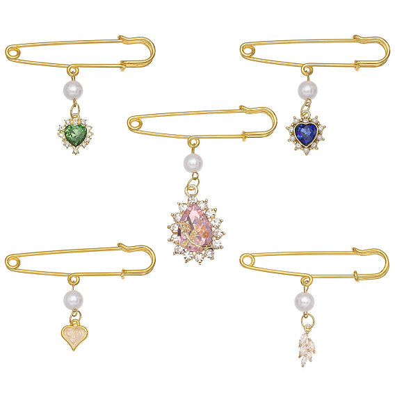 5шт. английские булавки в форме сердца и листа, с подвесками из искусственного жемчуга, акрила и латуни с микропаве из кубических цирконий