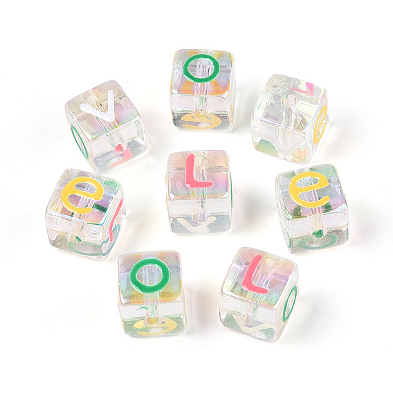 Прозрачные акриловые бусины, Эмаль стиле, куб с письмом