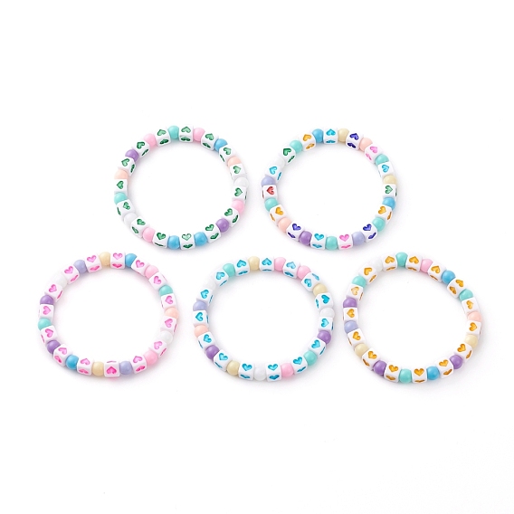 Stretch Kids Bracelets, with Opaque Cube with Heart & Round Acrylic Beads