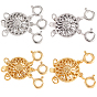 4Pcs 4 Styles Brass Box Clasps, with Spring Ring Clasps, Flat Round, 2-Strand, 4-Hole & 3-Strand, 6-Hole