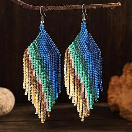 Bohemian Style Blue Ombre Tassel Dangle Earrings, with Glass Beads, Platinum