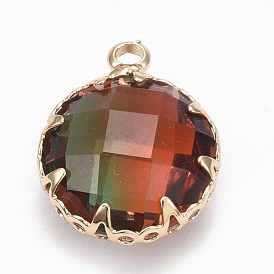 K9 Glass Pendants, Imitation Tourmaline, with Brass Findings, Faceted, Flat Round, Golden